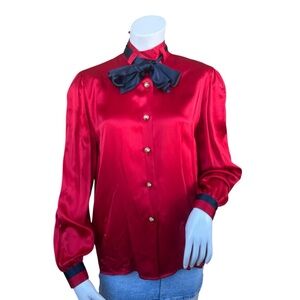 Vintage 80s Akris Navy Blue Red Silk Pussycat Bow Tailored Workwear Blouse Sz 8